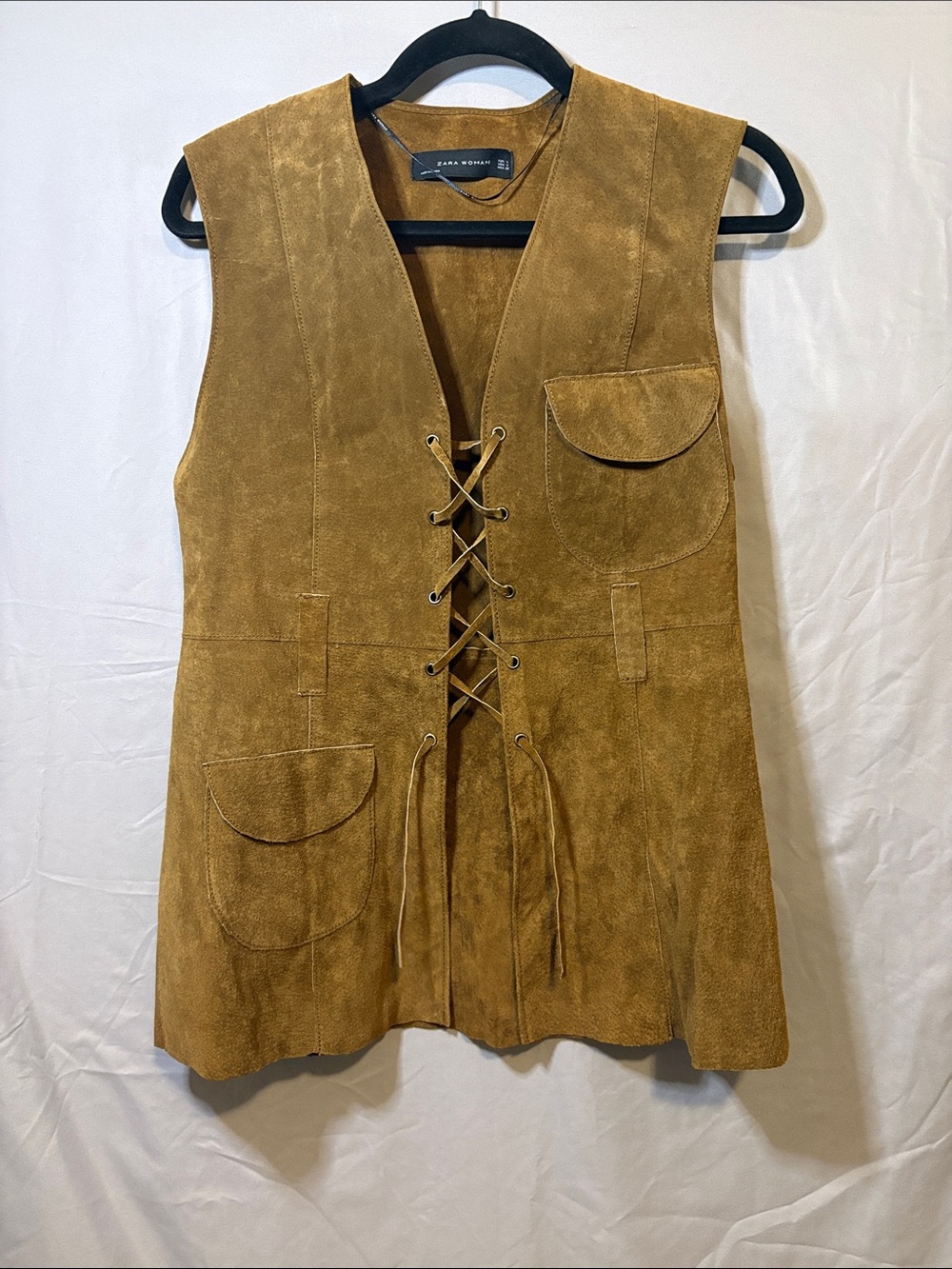 Zara Suede Boho Western Lace-Up Vest in Caramel Brown